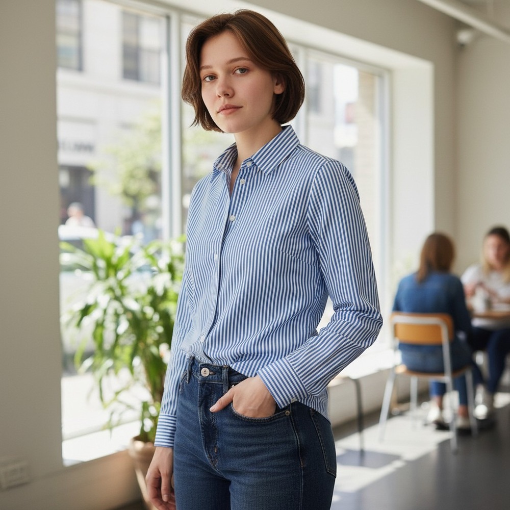 J.Crew 365 Slim Fit Button Down Shirt Blue White Striped Women Size 0 Stretch